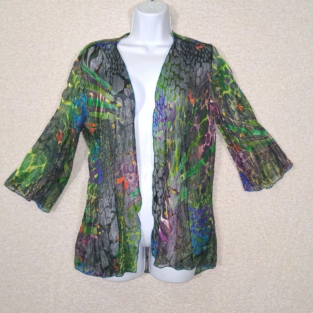 Sheer Silk Blend Duster Sz M Boho Colorful Abstract Art To Wear Maximalist